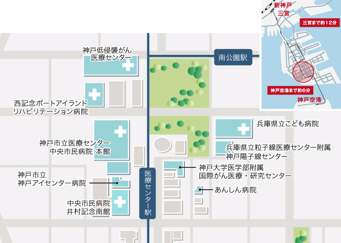 神戸市立医療センター中央市民病院、神戸低侵襲がん医療センター、西記念 ポートアイランド リハビリテーション病院、兵庫県立こども病院、神戸大学医学部附属 国際がん医療・研究センター、神戸市立神戸アイセンター病院、兵庫県立粒子線医療センター附属 神戸陽子線センターの地図