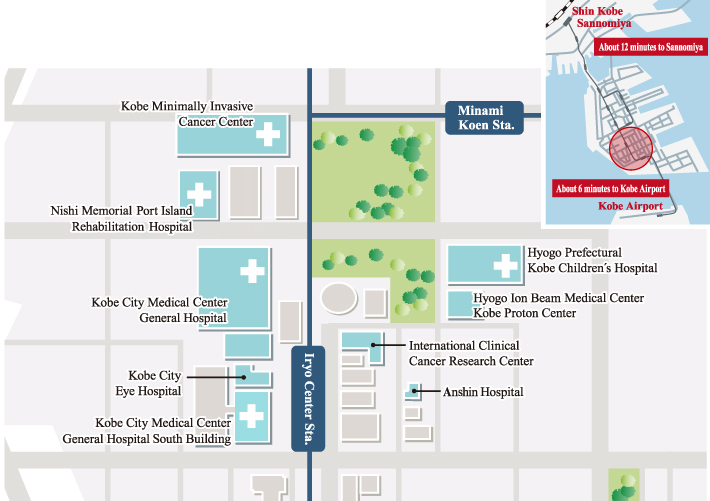 Kobe City Medical Center General Hospital, Kobe Minimally Invasive Cancer Center, Nishi  Memorial  Port  Island  Rehabilitation  Hospital, HYOGO PREFECTURAL KOBE CHILDREN'S HOSPITAL, International Clinical Cancer Research Center, Kobe City Eye Hospital, Hyogo Ion Beam Medical Center Kobe Proton Centerの地図